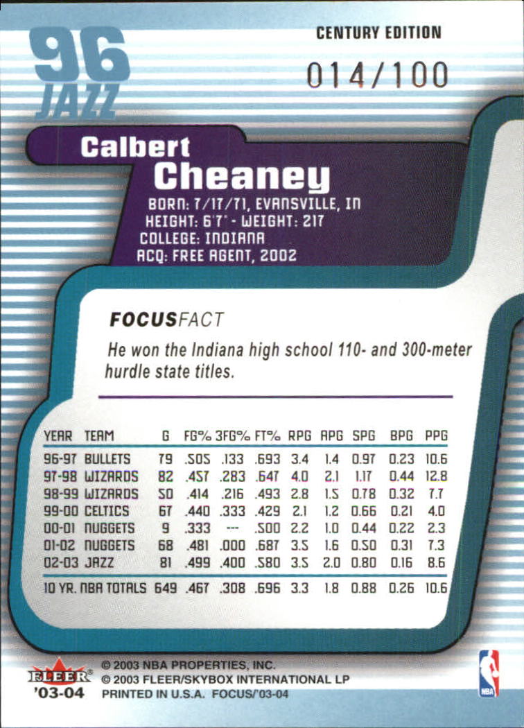 2003-04 Fleer Focus Numbers Century #96 Calbert Cheaney back image