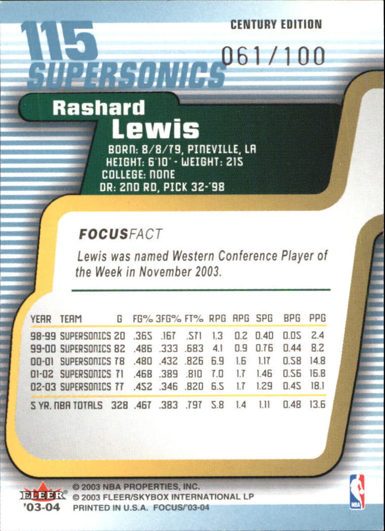 2003-04 Fleer Focus Numbers Century #115 Rashard Lewis back image