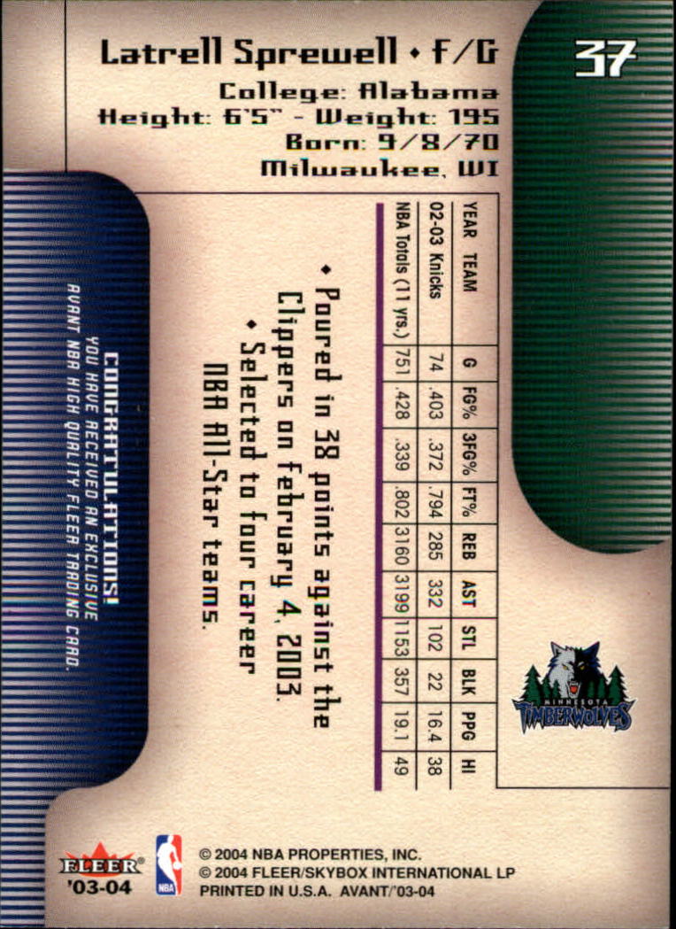 2003-04 Fleer Avant #37 Latrell Sprewell back image