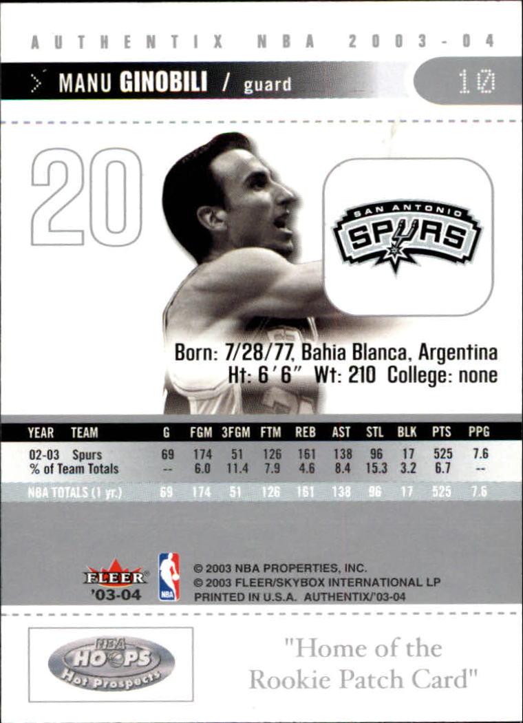 2003-04 Fleer Authentix #10 Manu Ginobili back image