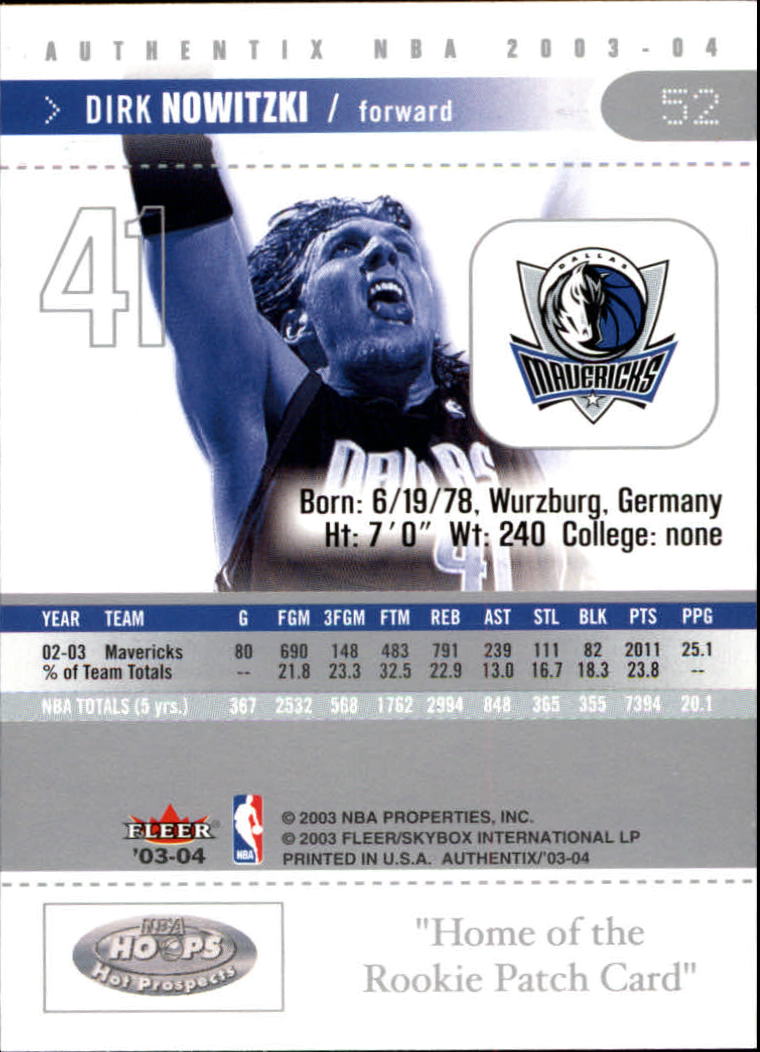 2003-04 Fleer Authentix #52 Dirk Nowitzki back image