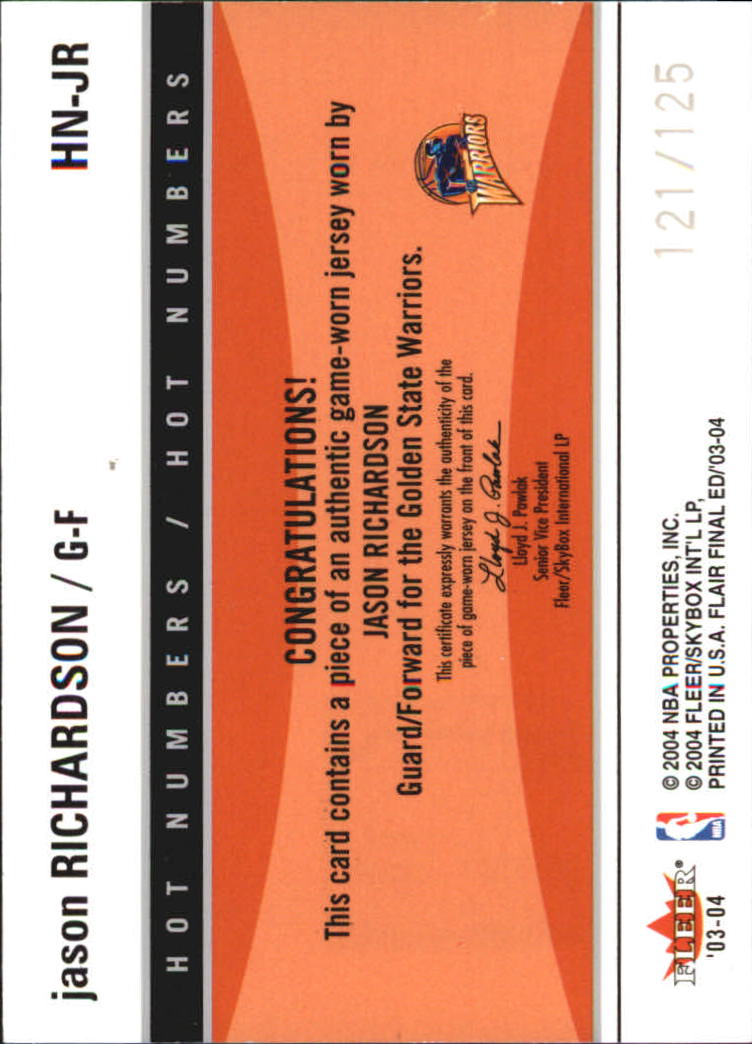 2003-04 Flair Final Edition Hot Numbers Jerseys 125 #JR Jason Richardson back image