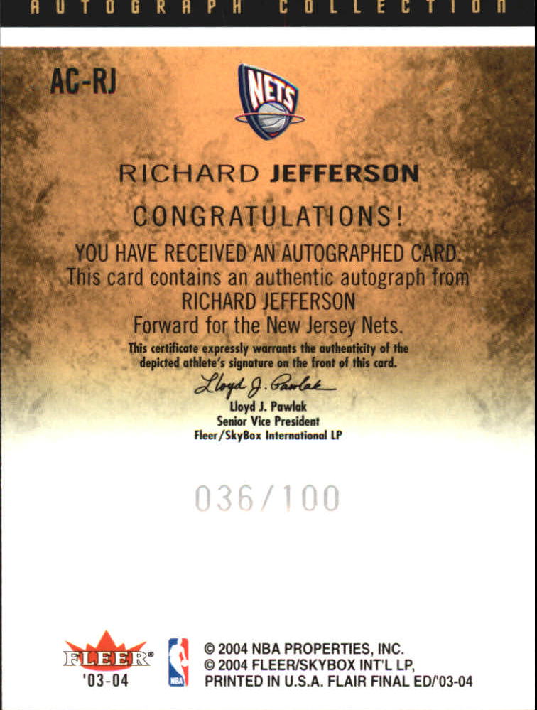 2003-04 Flair Final Edition Autograph Collection 100 #RJ Richard Jefferson back image
