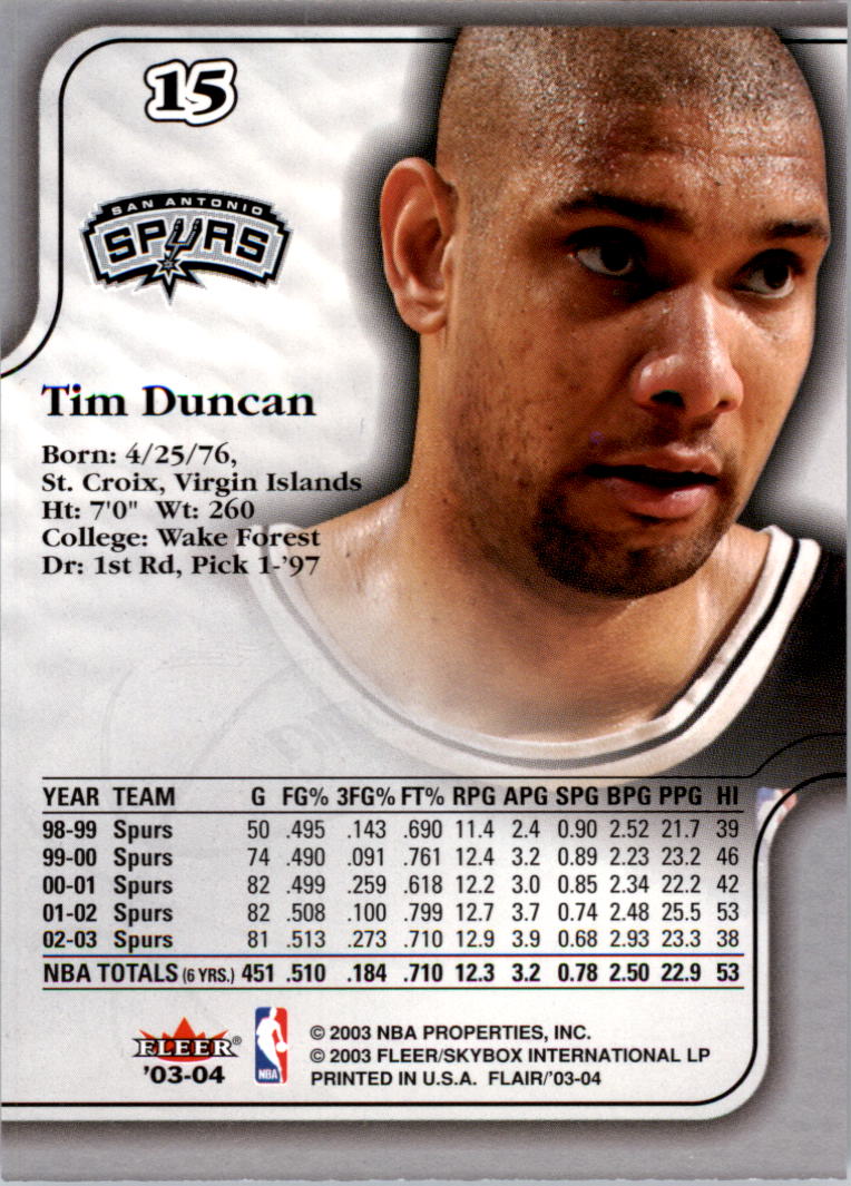 2003-04 Flair #15 Tim Duncan back image