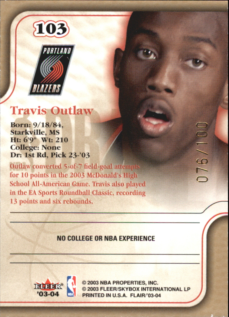 2003-04 Flair Row 1 #103 Travis Outlaw back image