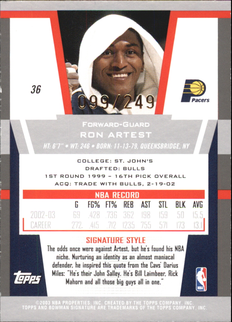 2003-04 Bowman Signature Edition Silver #36 Ron Artest back image