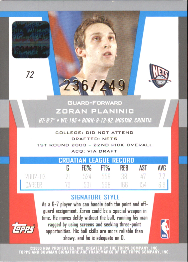 2003-04 Bowman Signature Edition Silver #72 Zoran Planinic back image