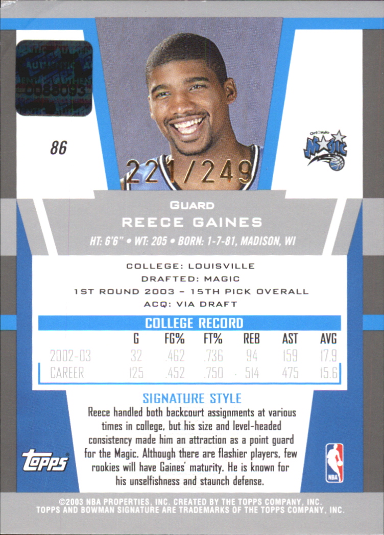 2003-04 Bowman Signature Edition Silver #86 Reece Gaines back image
