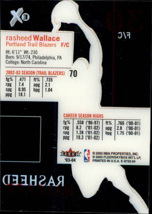 2003-04 E-X #70 Rasheed Wallace back image