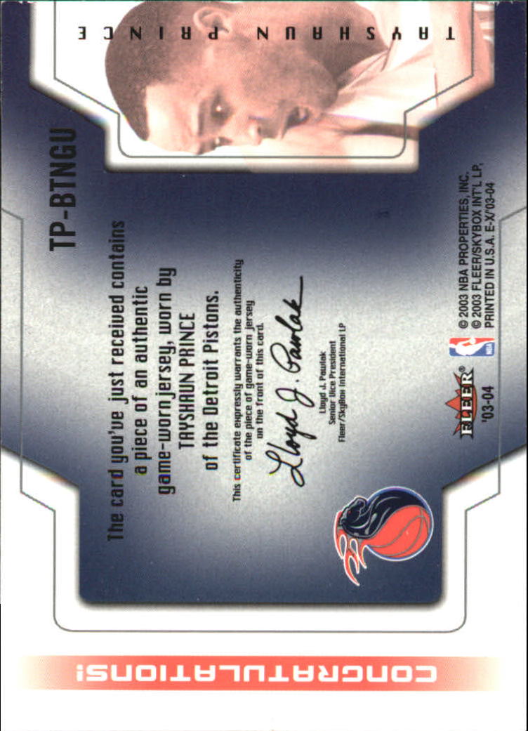 2003-04 E-X Behind the Numbers Game-Used Gold #3 Tayshaun Prince back image