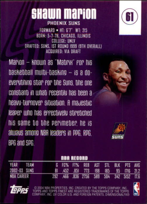 2003-04 Finest #61 Shawn Marion back image