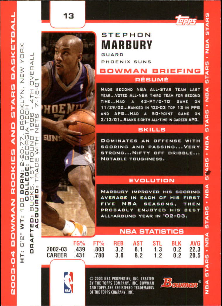2003-04 Bowman #13 Stephon Marbury back image