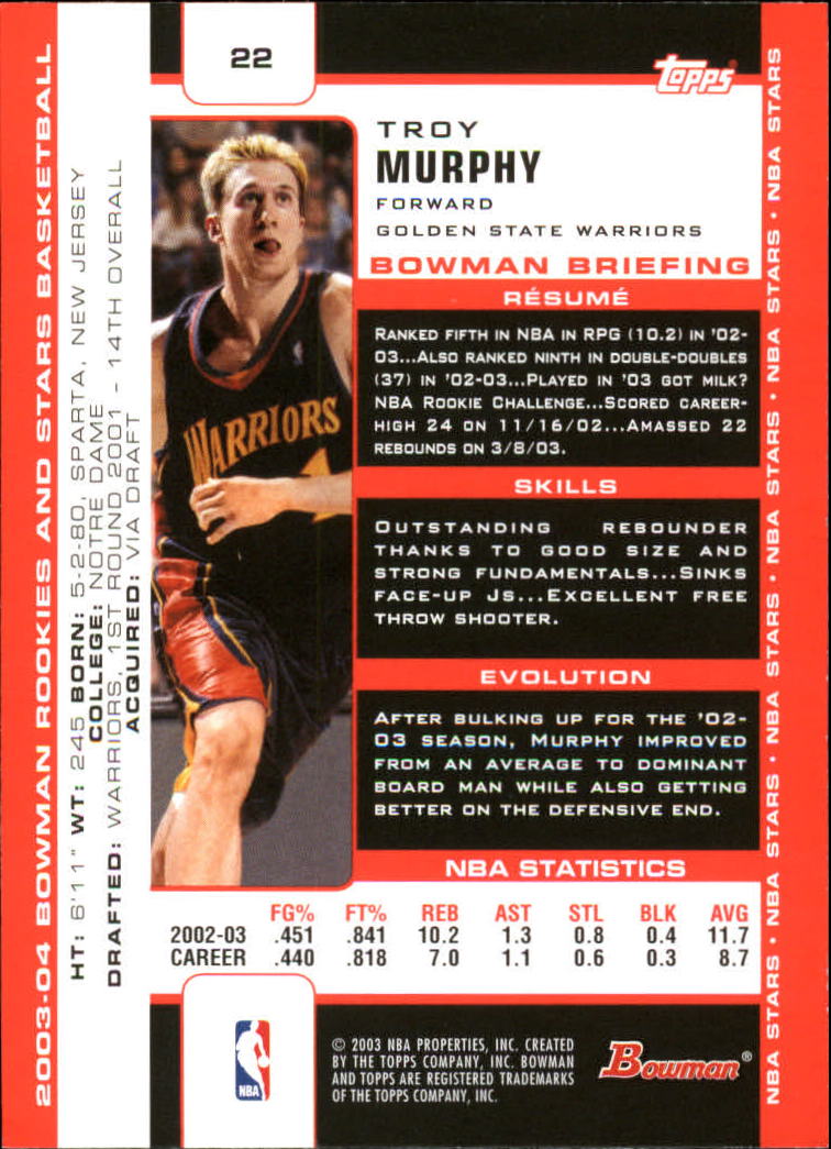 2003-04 Bowman #22 Troy Murphy back image