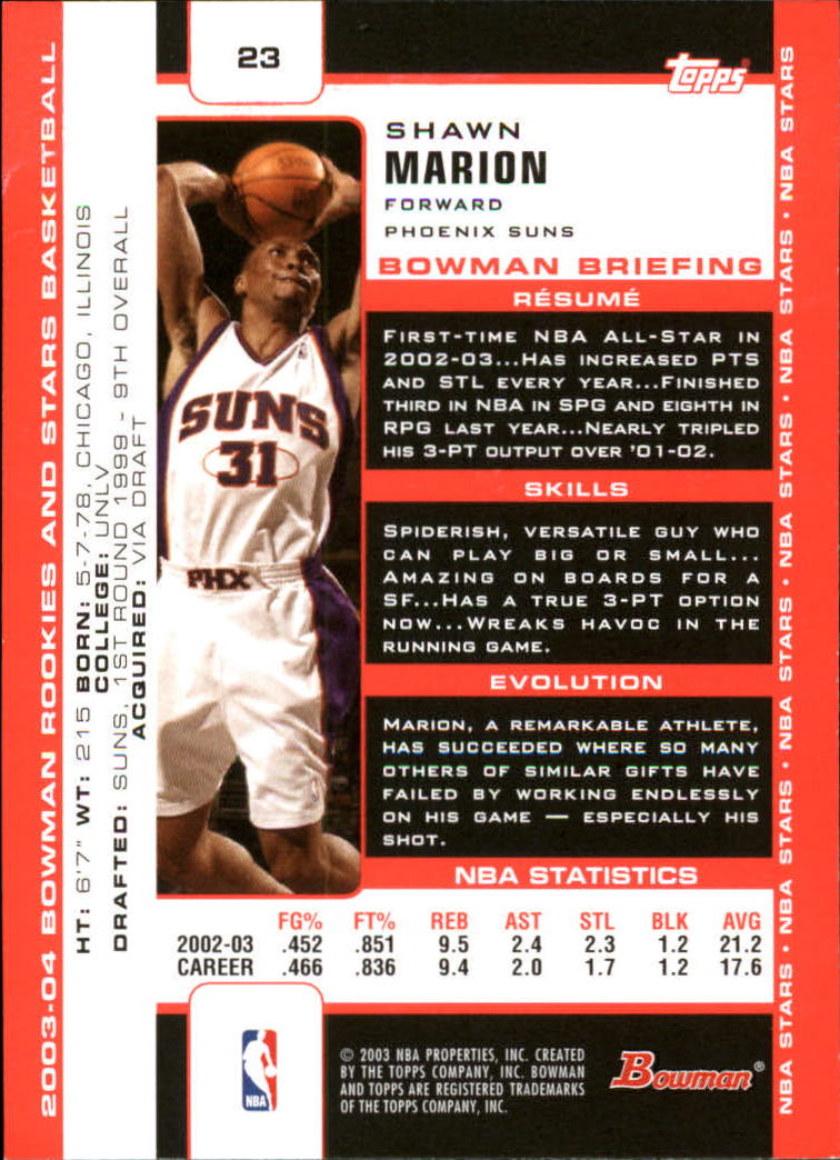 2003-04 Bowman #23 Shawn Marion back image