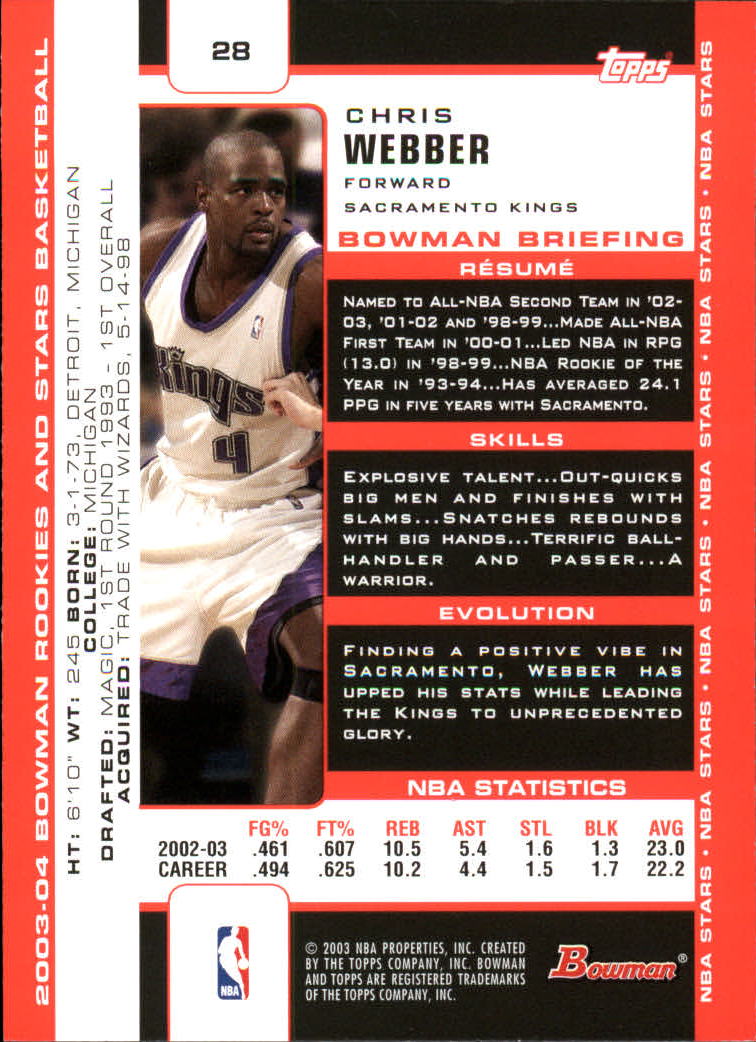 2003-04 Bowman #28 Chris Webber back image