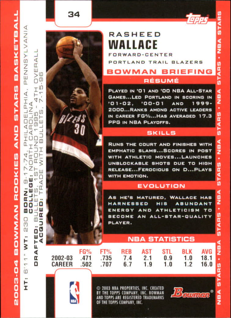 2003-04 Bowman #34 Rasheed Wallace back image