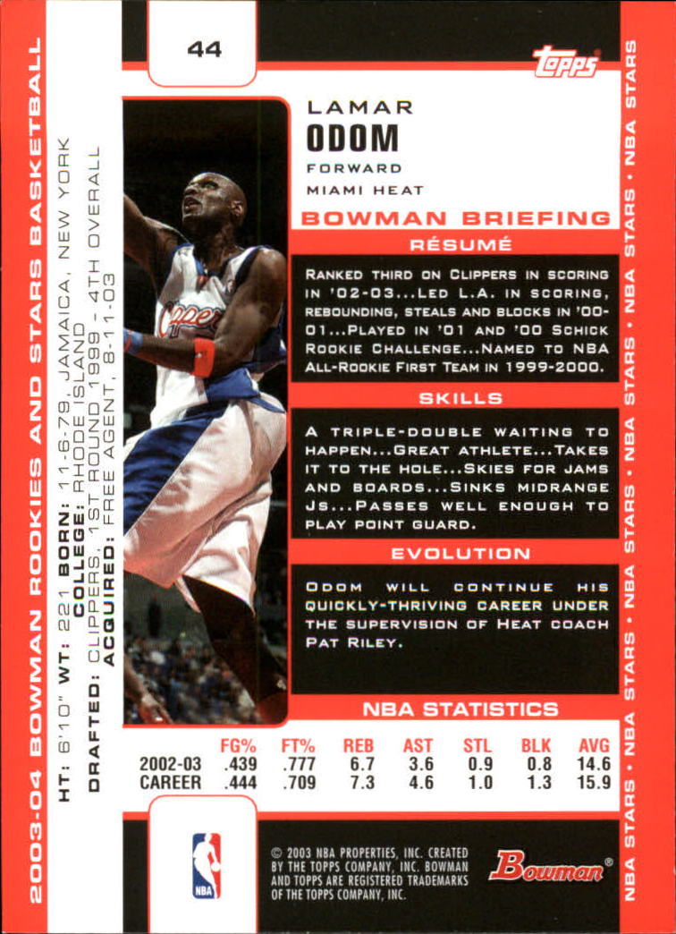 2003-04 Bowman #44 Lamar Odom back image