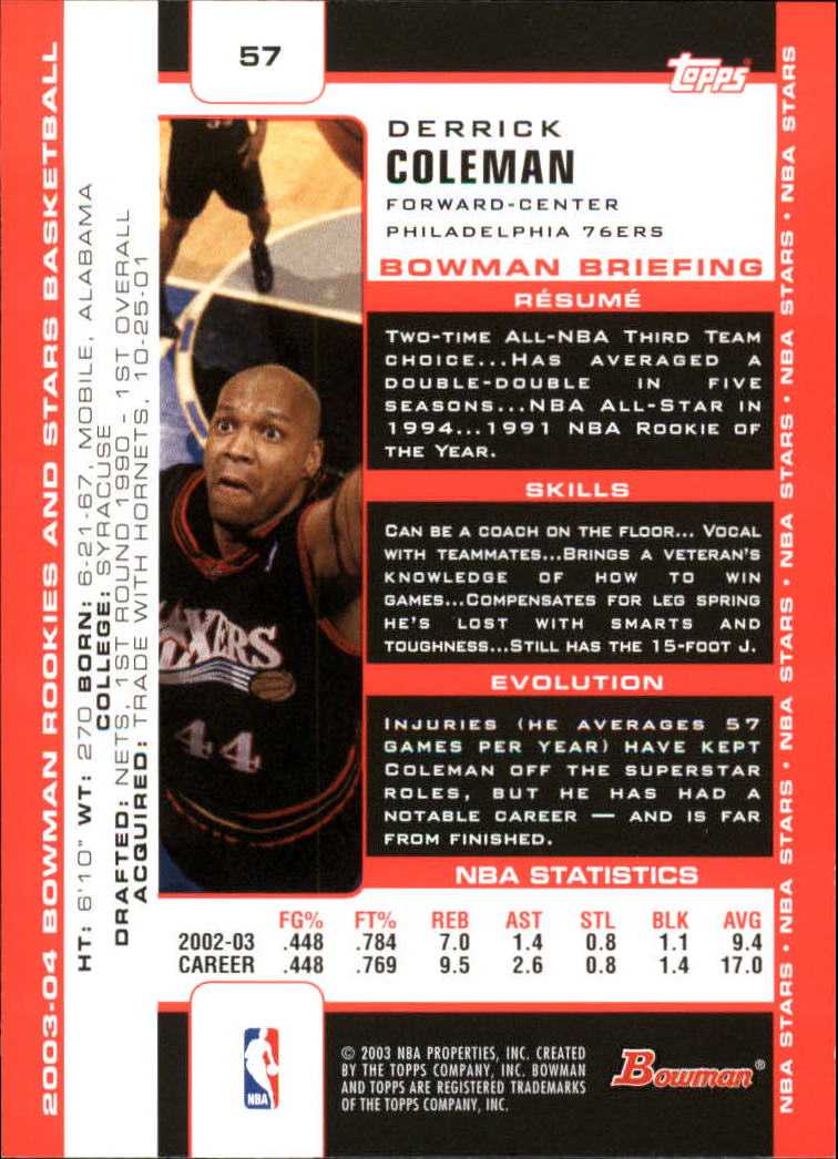 2003-04 Bowman #57 Derrick Coleman back image