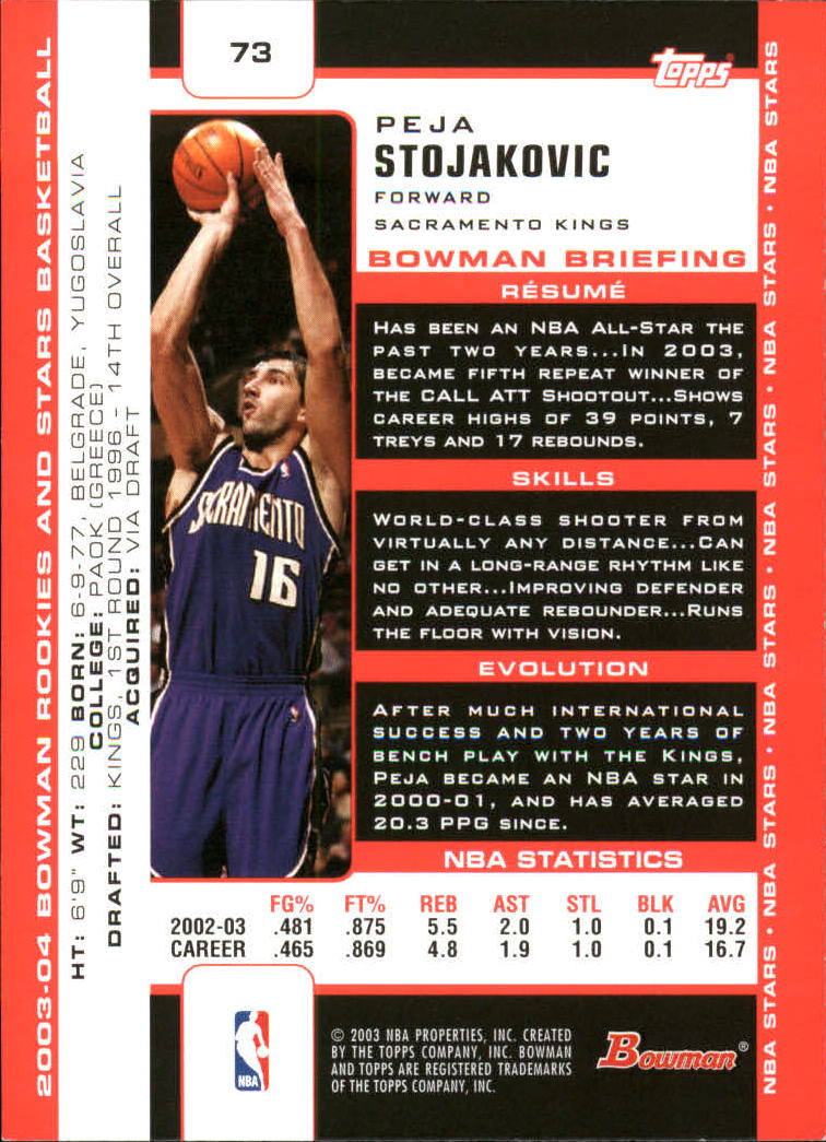 2003-04 Bowman #73 Peja Stojakovic back image