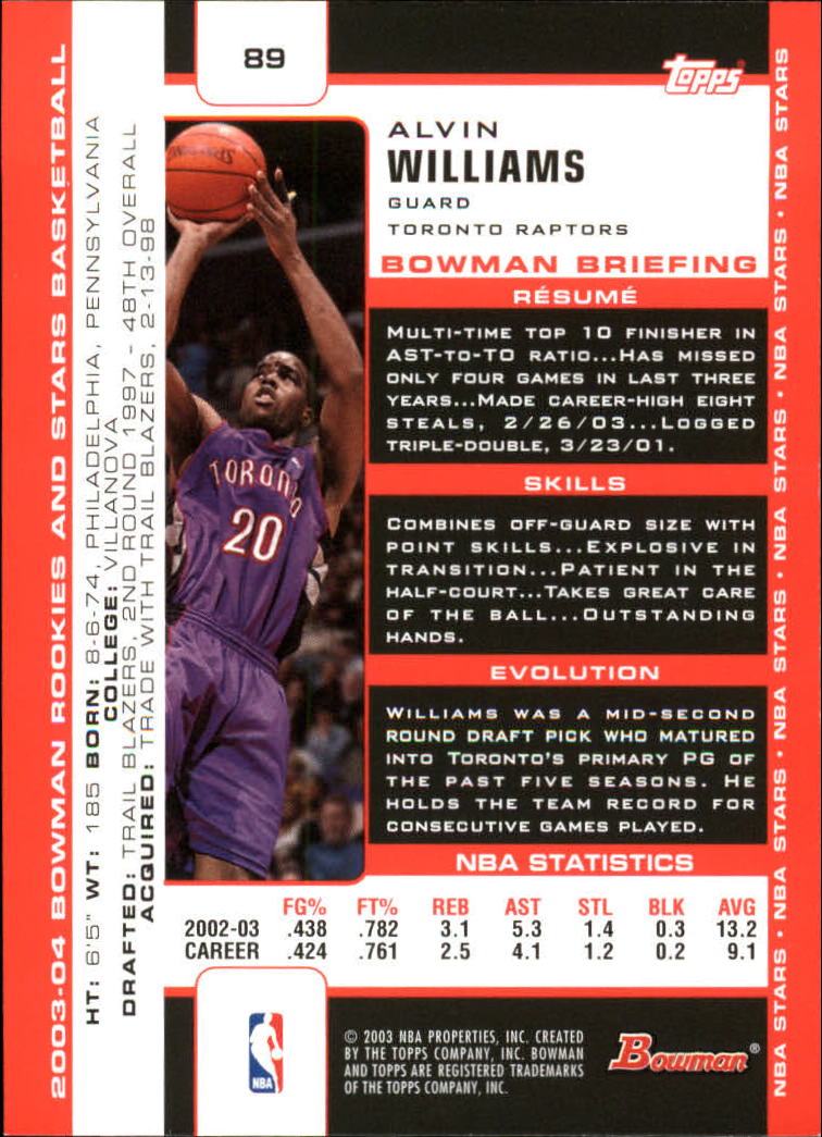 2003-04 Bowman #89 Alvin Williams back image