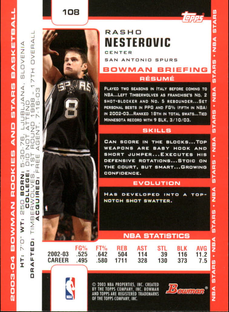 2003-04 Bowman #108 Radoslav Nesterovic back image