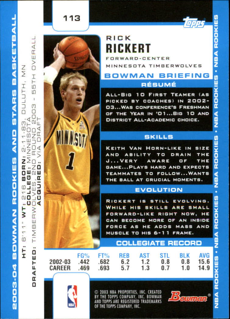 2003-04 Bowman #113 Rick Rickert RC back image