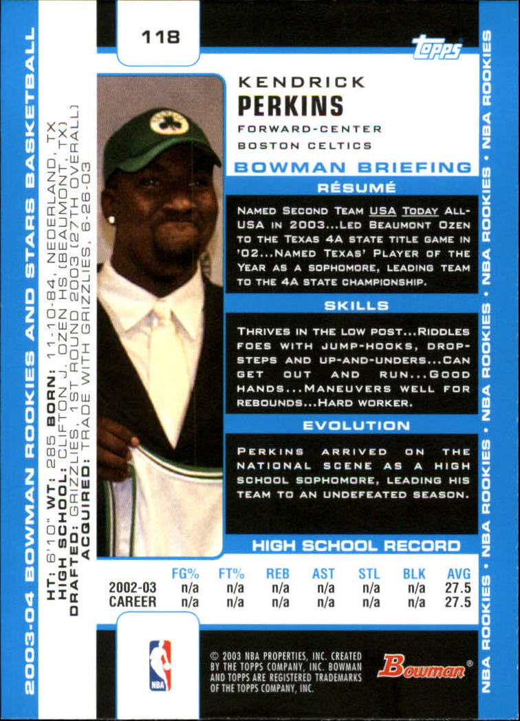 2003-04 Bowman #118 Kendrick Perkins RC back image