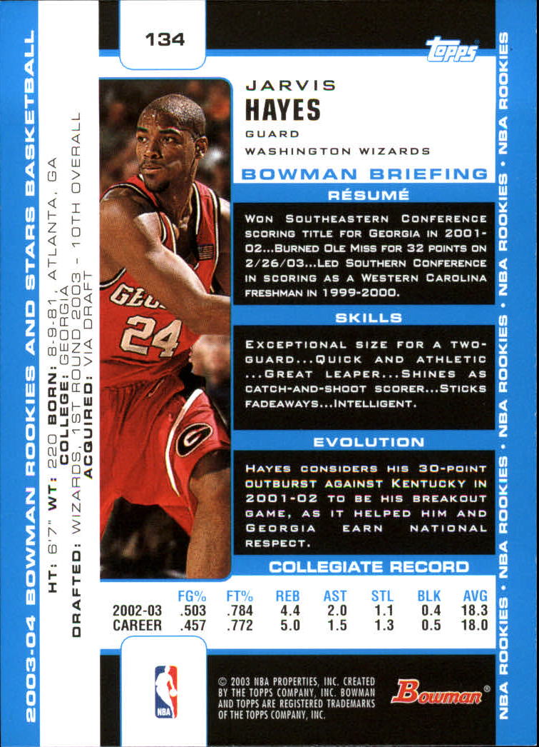2003-04 Bowman #134 Jarvis Hayes RC back image