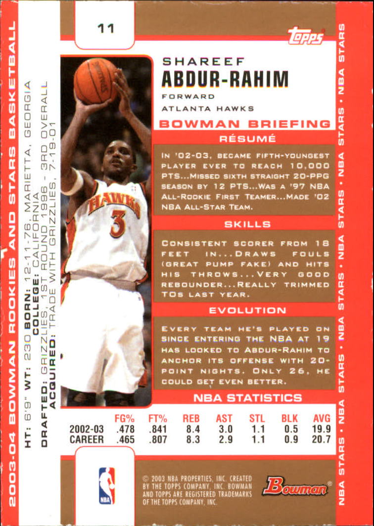 2003-04 Bowman Gold #11 Shareef Abdur-Rahim back image