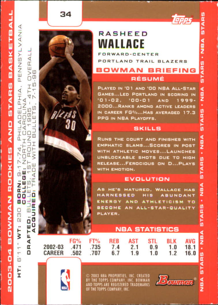 2003-04 Bowman Gold #34 Rasheed Wallace back image