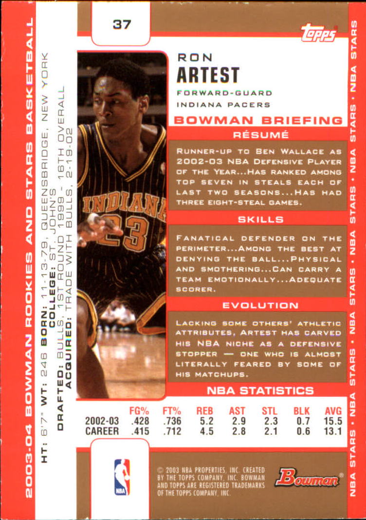 2003-04 Bowman Gold #37 Ron Artest back image