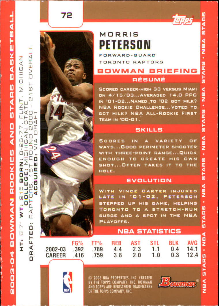 2003-04 Bowman Gold #72 Morris Peterson back image