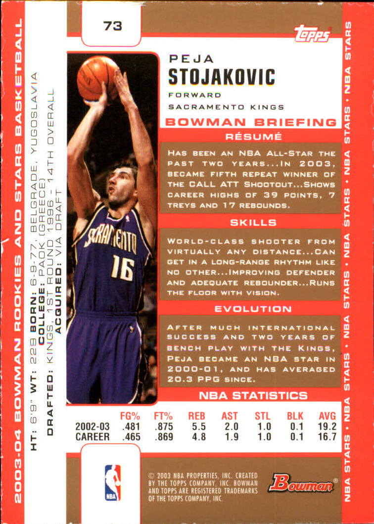 2003-04 Bowman Gold #73 Peja Stojakovic back image