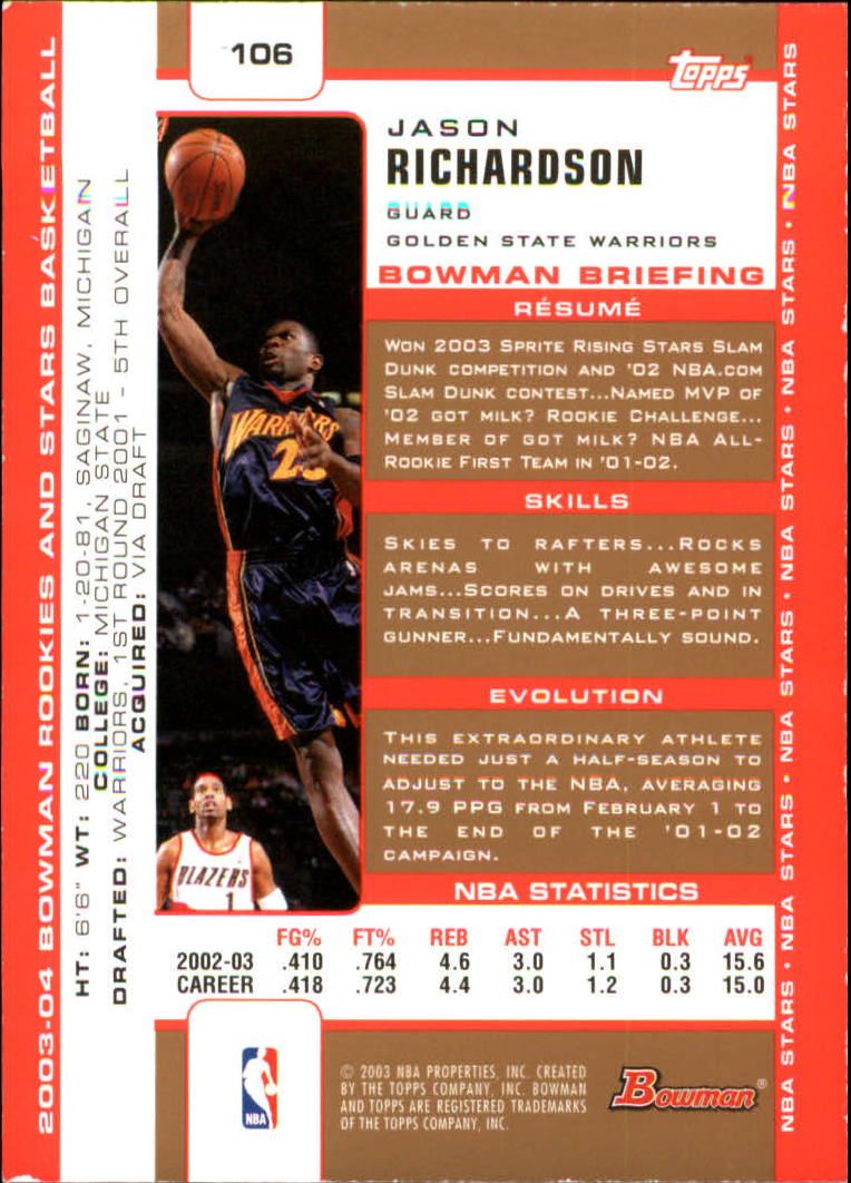 2003-04 Bowman Gold #106 Jason Richardson back image