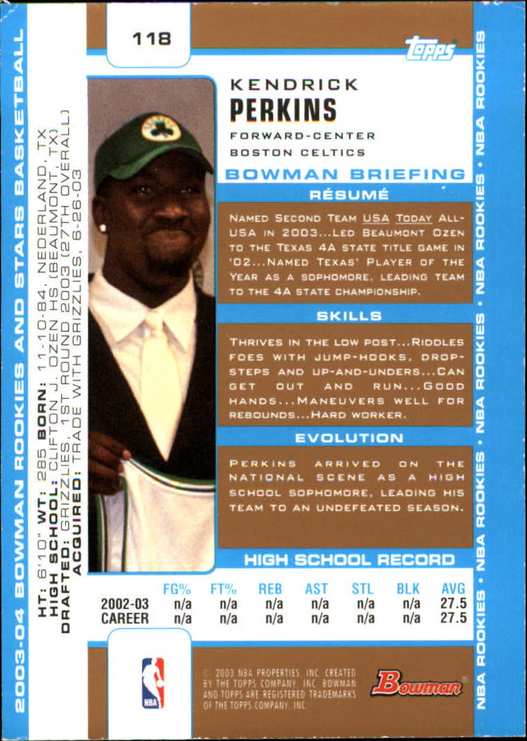 2003-04 Bowman Gold #118 Kendrick Perkins back image