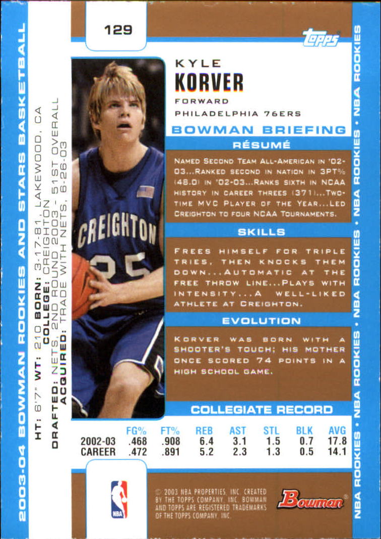 2003-04 Bowman Gold #129 Kyle Korver back image