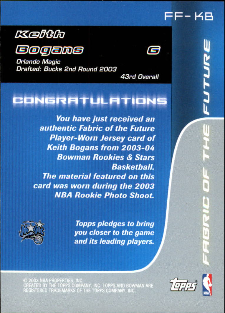 2003-04 Bowman Fabric of the Future #KB Keith Bogans back image