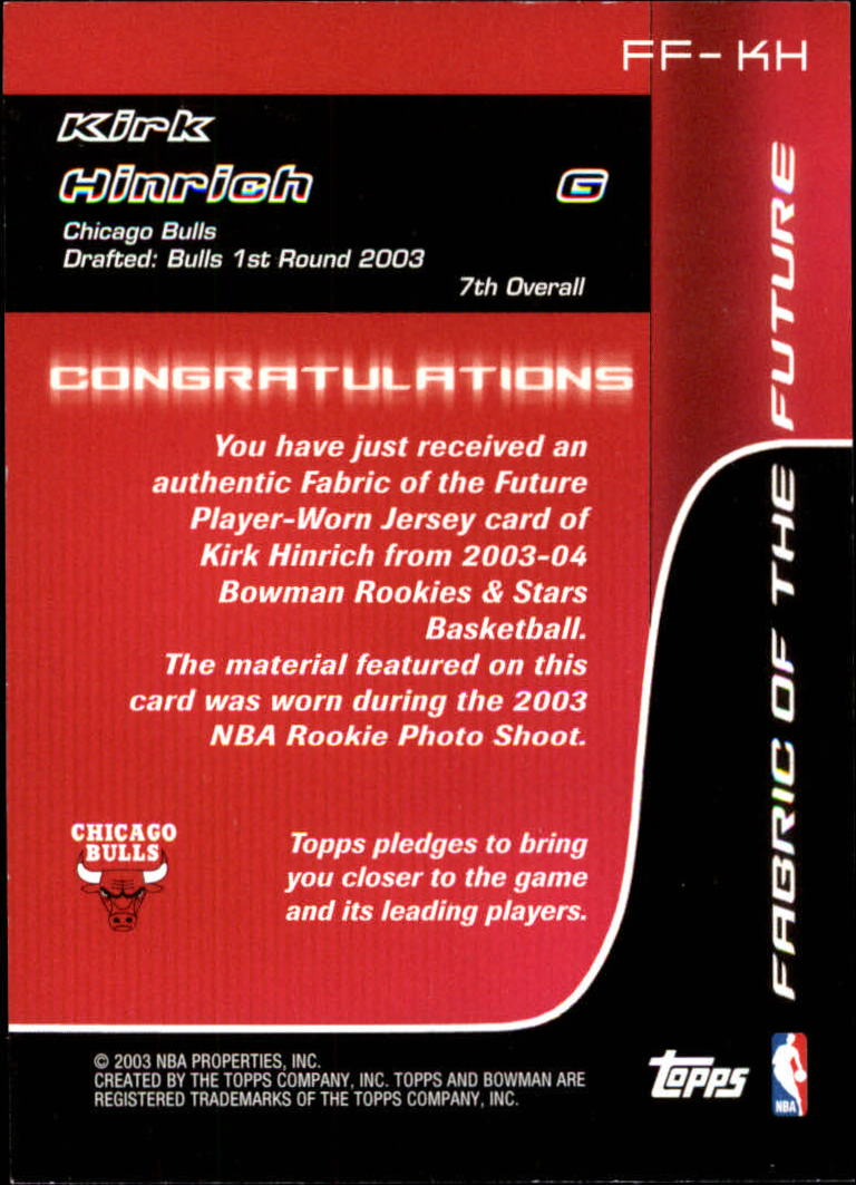 2003-04 Bowman Fabric of the Future #KH Kirk Hinrich back image