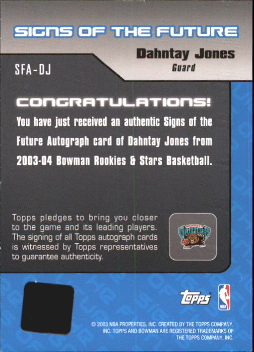 2003-04 Bowman Signs of the Future #DJ Dahntay Jones back image