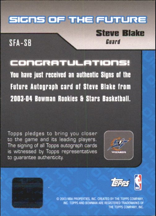 2003-04 Bowman Signs of the Future #SB Steve Blake back image