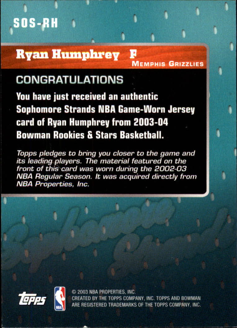 2003-04 Bowman Sophomore Strands #RH Ryan Humphrey back image