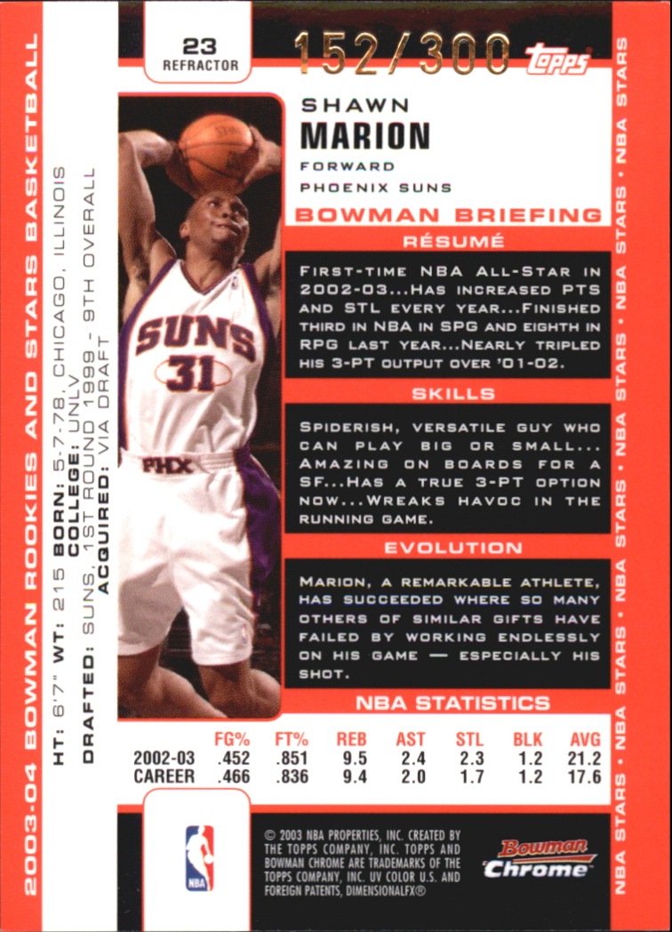 2003-04 Bowman Chrome Refractors #23 Shawn Marion back image