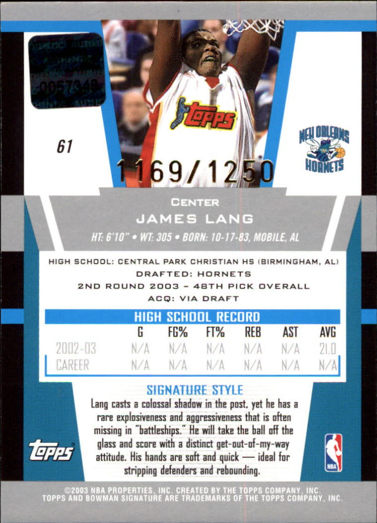 2003-04 Bowman Signature Edition #61 James Lang AU RC back image