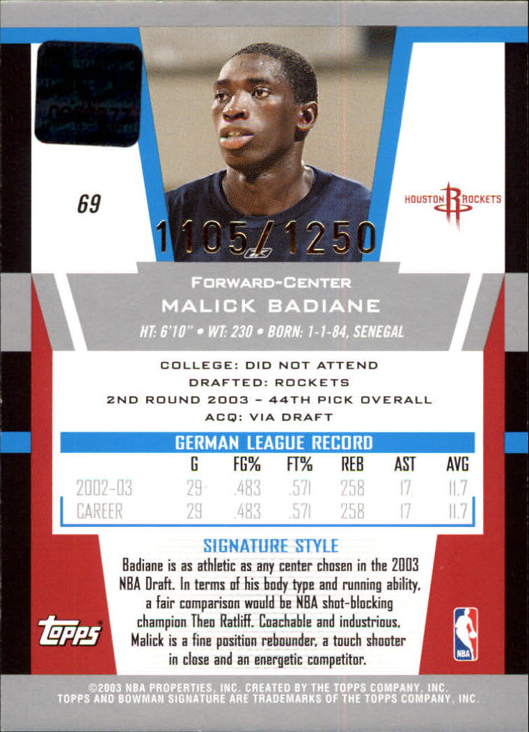2003-04 Bowman Signature Edition #69 Malick Badiane AU RC back image