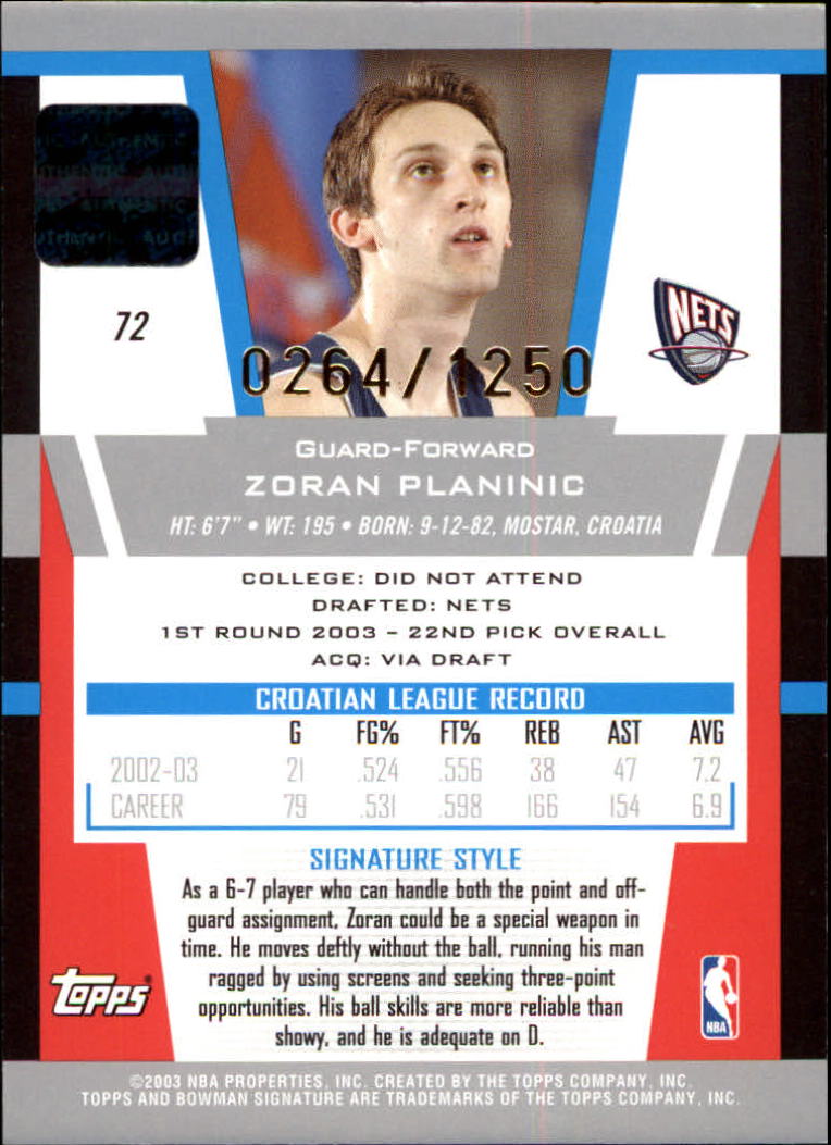 2003-04 Bowman Signature Edition #72 Zoran Planinic AU RC back image