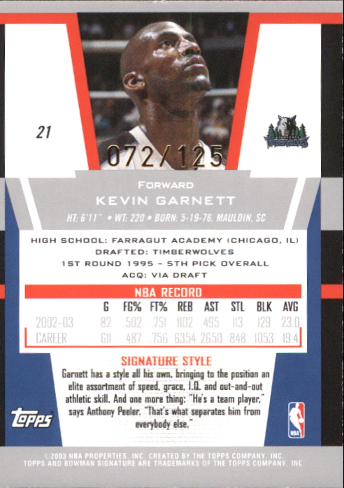 2003-04 Bowman Signature Edition Foil #21 Kevin Garnett back image