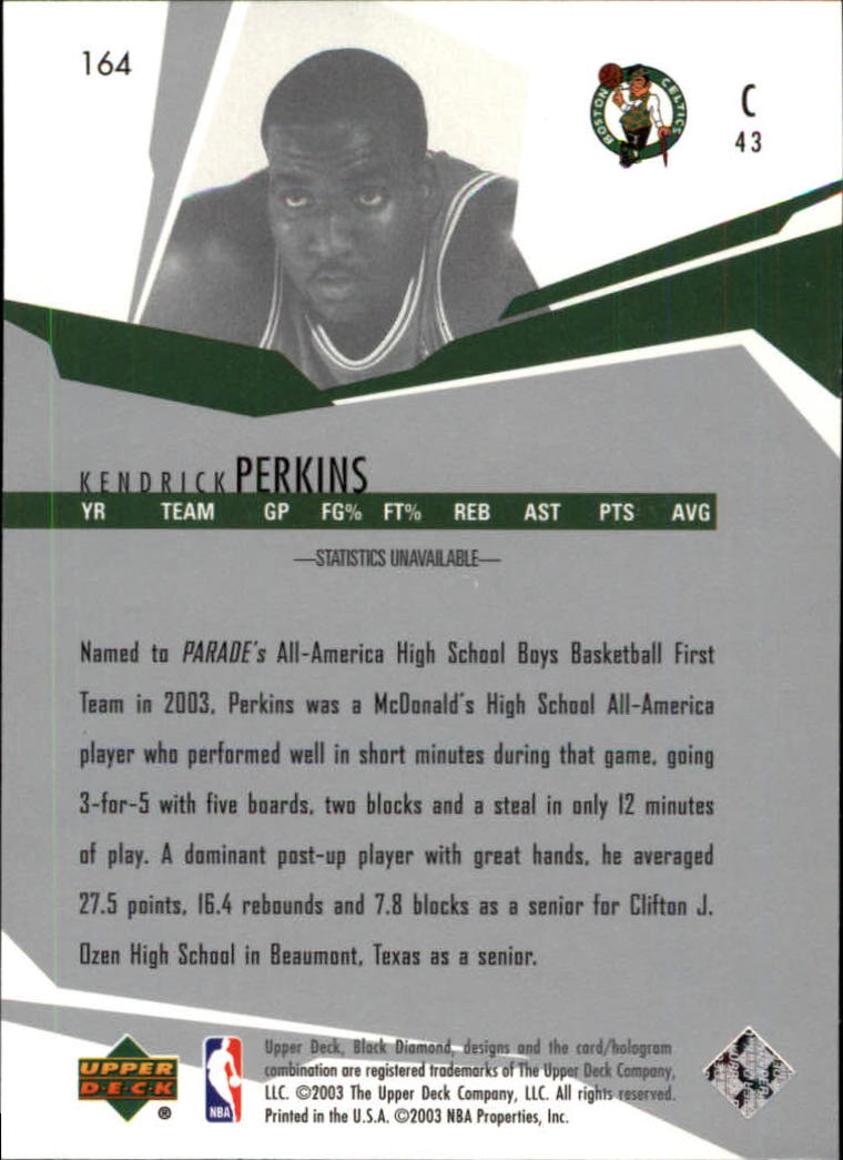 2003-04 Black Diamond #164 Kendrick Perkins RC back image