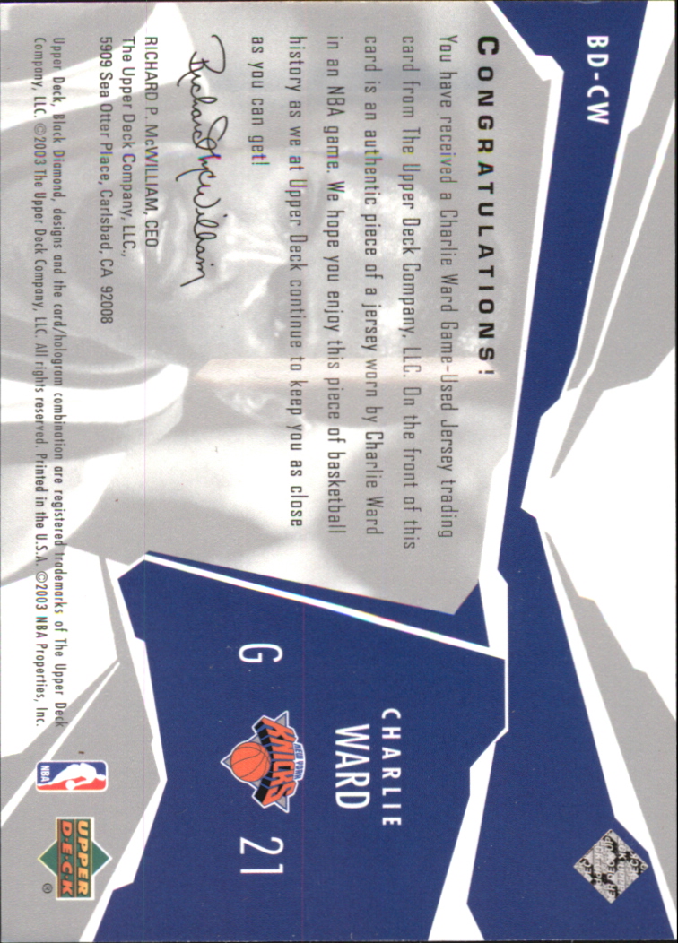 2003-04 Black Diamond Jerseys #BDCW Charlie Ward back image