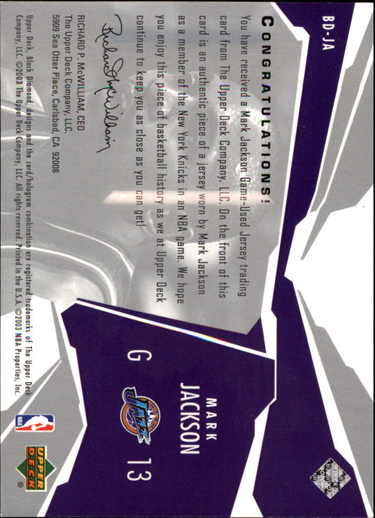 2003-04 Black Diamond Jerseys #BDJA Mark Jackson back image