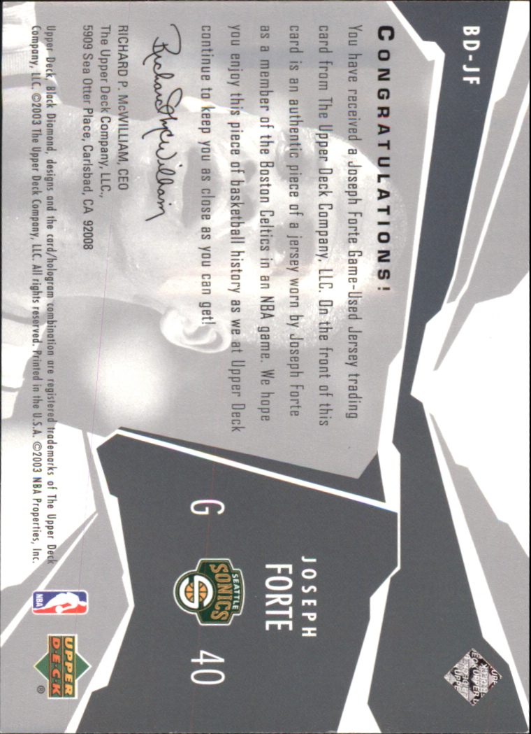 2003-04 Black Diamond Jerseys #BDJF Joe Forte back image